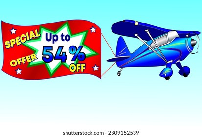 Special offer up to 54% off, vector illustration of a beautiful blue airplane, promotion banner illustrative. God is good!