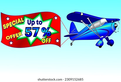 Special offer up to 57% off, vector illustration of a beautiful blue airplane, promotion banner illustrative. God is good!