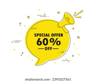 oferta especial 60% de descuento. Alerta de banner de burbuja de chats Megaphone. Signo de precio de oferta de descuento. Símbolo de oferta especial.Altavoz de diálogo de etiqueta de descuento. Ilustración del vector