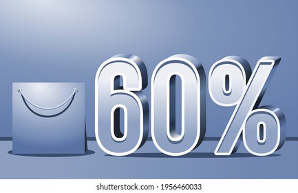 Special Offer 60% off, Up to 60% on sales, Great deals, Sales on blue background and bag, 3D blue 60%, Suitable for flyers, banners, advertisements, stickers, offer icons, etc.