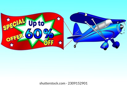 Special offer up to 60% off, vector illustration of a beautiful blue airplane, promotion banner illustrative. God is good!