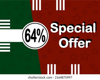 Special offer with 64% off. Green and red banner with discount balloon for online sales.