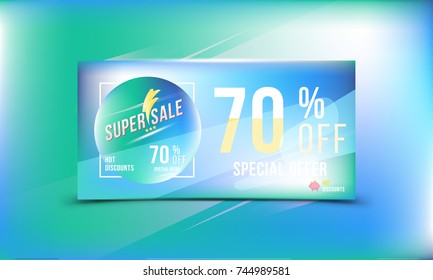 Special offer 70% off discount in bright rectangular poster format and flyer. Super sale template for print and web advertising banner on blue background. Flat vector illustration EPS 10