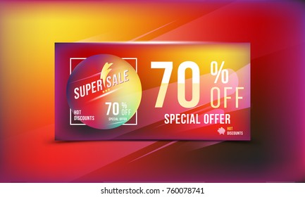 Special offer 70 off discount in bright rectangular poster format and flyer. Super sale template for print and web advertising banner on hot background. Flat vector illustration EPS 10