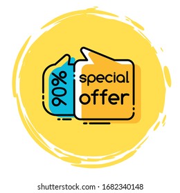 Special offer 90 percent off final sale isolated round yellow brush stroke. Vector geometric shapes and speech bubble, memphis style elements, absolute total sale sticker illustration, drawn tag