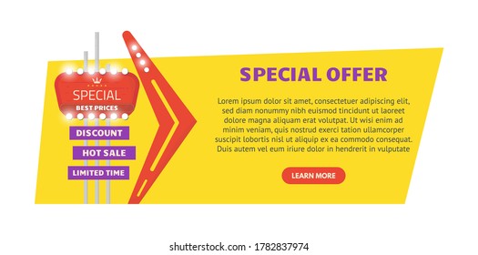 Special offer advertisement. Flyer or web banner with button "learn more". Road hotel sign style. Old style retro vintage advertising sign with arrow and lamps. Flat style vector illustration. 