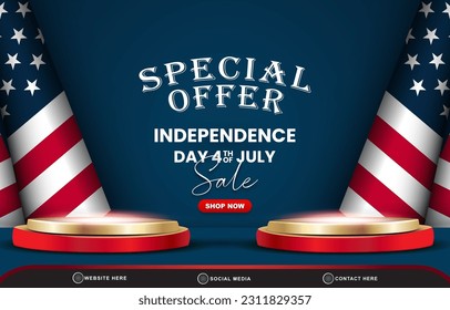 special offer american independence day 4 th of july sale banner for social media post with 3d podium for sale with abstract gradient blue background design