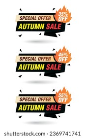 Special offer autumn sale, black origami labels set. Sale 35%, 45%, 55% off discount. Vector illustration