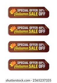 Special offer autumn sale brown long stickers set. Sale 30%, 40%, 50%, 60% off discount. Vector illustration