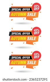 Special offer autumn sale, orange origami labels set. Sale 35%, 45%, 55% off discount. Vector illustration