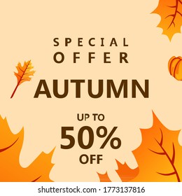 Special offer autumn sale social media banners promotion. Poster, cover, element seasonal with maple leaf pattern theme for discount, marketing, and online shop. Vector illustration