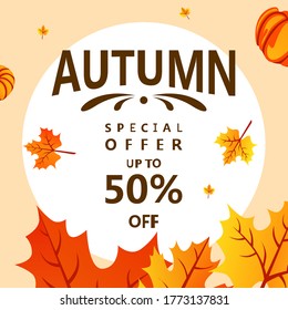 Special offer autumn sale social media banners promotion. Poster, cover, element seasonal with maple leaf pattern theme for discount, marketing, and online shop. Vector illustration