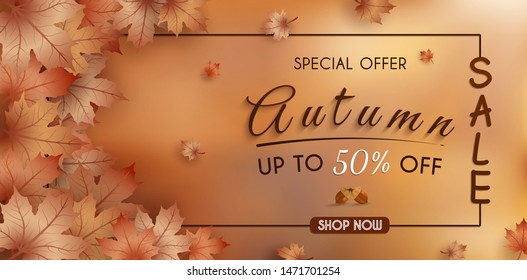 special offer autumn. and sales banner Design. with colorful seasonal fall leaves. and for shopping discount promotion. and frame leaflet or web banner. and used as illustration or background.
