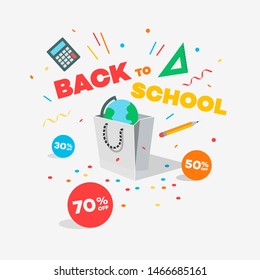Special offer back to school discount symbol with shopping bag, discount labels and confetti. Easy to use for your design with transparent shadows.