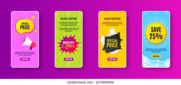 Special offer badge. Phone screen banner. Discount banner shape. Sale coupon bubble icon. Sale banner on smartphone screen. Mobile phone web template. Special offer promotion. Vector