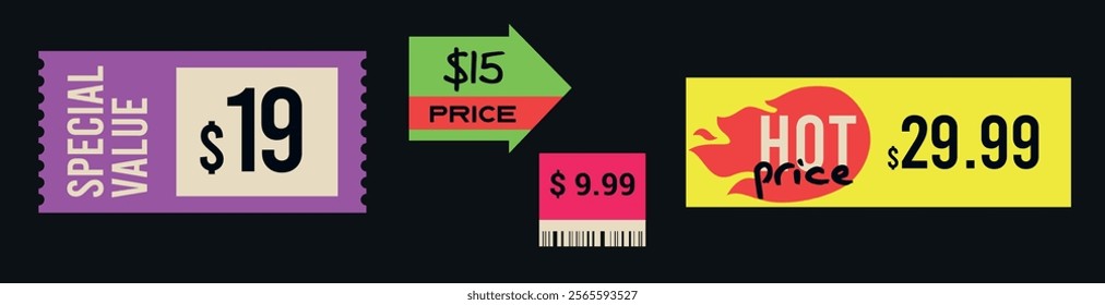 Special offer badges vector set. Price stickers. Peeled paper stickers. Best price labels. Badges of price reduction or discount. Sale stickers Isolated on black background. 