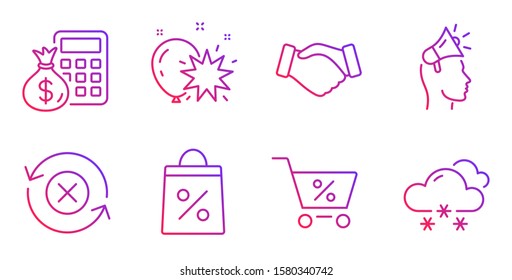 Special Offer, Balloon Dart And Finance Calculator Line Icons Set. Handshake, Brand Ambassador And Reject Refresh Signs. Shopping Bag, Snow Weather Symbols. Discounts, Attraction Park. Vector