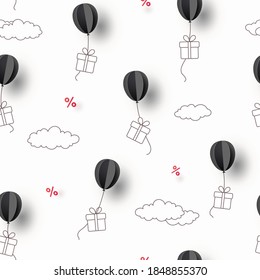 Special offer balloons and gift boxes on sky background. Promo banner with baloons, percent off signs. Vector seamless sale discount pattern for weekend promotion, best price or Black Friday design