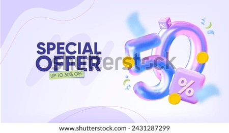 Special offer banner, 50% discount promotion. With confetti and coins. Discounts on gift certificates. For festive events. Birthday, March 8th, summer discounts. 3D creative vector template.