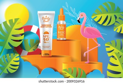 special offer banner background of cosmetic sunscreen skincare summer sale, palm leaf tree tropical and flamingo bird