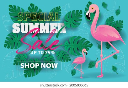 oferta especial fondo de banner de la venta de verano para el concepto de marketing de descuento, palmera de hoja de palma tropical y ave flamingo
