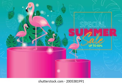special offer banner background of summer sale for discount marketing concept, palm leaf tree tropical and flamingo bird