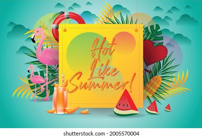 special offer banner background of summer sale for discount marketing concept, palm leaf tree tropical and flamingo bird