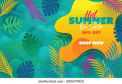 oferta especial fondo de banner de la venta de verano para el concepto de marketing de descuento, palmera de hoja de palma tropical y ave flamingo