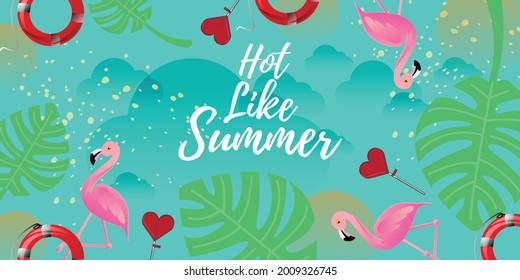 special offer banner background of summer sale for discount marketing concept, palm leaf tree tropical and flamingo bird