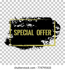 Special offer banner. Black friday sale offer tag with gold text, special marketing campaign label. Isolated vector modern advertising sticker illustration. Grunge pained black background.