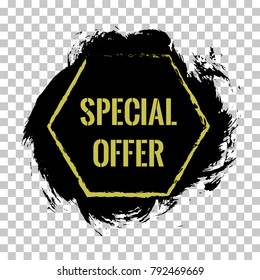 Special offer banner. Black friday sale offer tag with gold text, special marketing campaign label. Isolated vector modern advertising sticker illustration. Grunge pained black background.