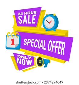Special offer banner with clock and calendar vector illustration. Cartoon drawing of 24 hour sale sign, megaphone as symbol of promotion. Black Friday, ecommerce, online shopping, sale concept
