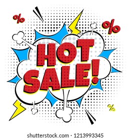 Special offer banner with comic lettering HOT SALE! in the speech bubble comic style flat design. Dynamic retro vintage pop art illustration isolated on white background. Sticker or label for store. 