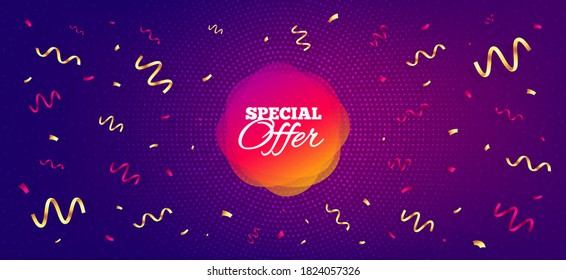 Special offer banner. Festive confetti background with offer message. Discount sticker shape. Sale coupon bubble icon. Best advertising confetti banner. Special offer badge shape. Vector