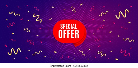 Special offer banner. Festive confetti background with offer message. Discount sticker shape. Sale coupon bubble icon. Best advertising confetti banner. Special offer badge shape. Vector