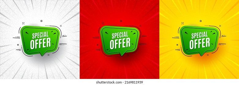 Special offer banner. Flash offer banner, coupon or poster. Discount sticker shape. Sale coupon bubble icon. Special offer promo banner. Retail marketing flyer. Starburst pop art. Vector