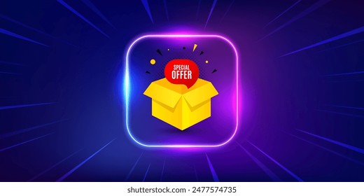 Special offer banner. Neon light frame offer banner. Discount sticker shape. Gift coupon icon. Special offer promo event flyer, poster. Sunburst neon coupon. Flash special deal. Vector