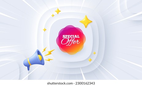 Cartel de oferta especial. Cartel en 3d, afiche. Forma de etiqueta de descuento. Icono de burbuja de cupón de venta. Fondo del evento de promoción de oferta especial. Banner, volante o cupón de la explosión del sol. Vector