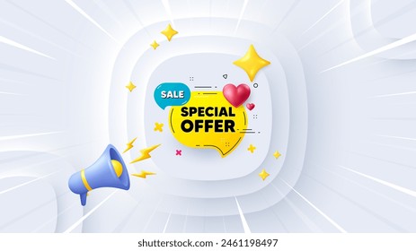 Oferta especial Anuncio. Oferta neumórfica Anuncio 3d, cartel. Pegatina de descuento con corazón. Icono de Cupón de regalo. Oferta especial de promoción de fondo del evento. Anuncio Sunburst, volante o Cupón. Vector