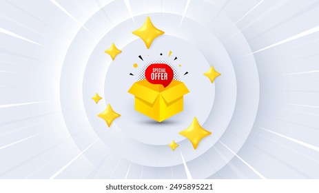 Special offer banner. Neumorphic offer 3d banner, coupon. Discount sticker shape. Gift coupon icon. Special offer promo event background. Sunburst banner, flyer or poster. Vector