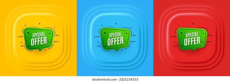 Cartel de oferta especial. Banner, volante o afiche de oferta neumórfica. Forma de etiqueta de descuento. Icono de burbuja de cupón de venta. Cartel del evento promocional de oferta especial. Botones cuadrados 3d. Cupón especial. Vector