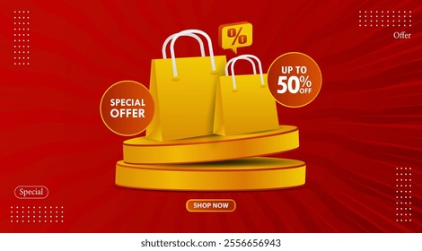 Special Offer banner on red background with podium and bags. for shopping day promotion, online shopping, special Offer coupons, vouchers, banner templates, websites, social media advertising