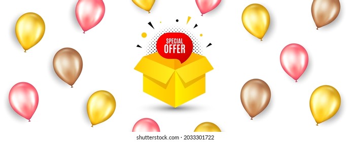 Special offer banner. Promotion ad banner with 3d balloons. Discount sticker shape. Gift coupon icon. Isolated party balloons background. Special offer label. Vector