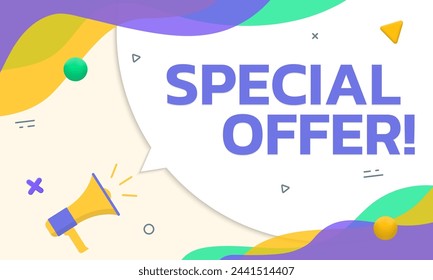 Special offer banner. Sale, promotion banner or poster concept with abstract background, megaphone and speech bubble. Vector illustration.