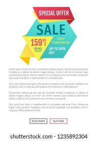 Special offer banner sample vector design icon. Sale and only tomorrow promotion, buy now, discount in all product, origami style, online poster badge