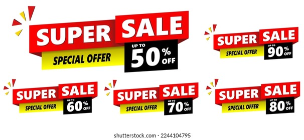 Special offer banner set, hot sale, big sale, super sale, sale banner vector. red, black and yellow vector banner tamplate. 50%, 60%, 70%, 80%, 90%.