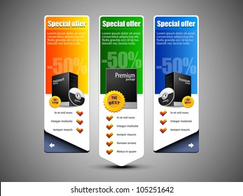 Special Offer Banner Set Vector Colored 10: Blue, Green, Yellow. Showing Products Purchase Button