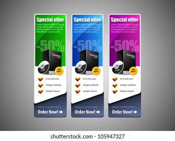 Special Offer Banner Set Vector Colored: Blue, Purple, Violet, Green. Showing Products Purchase Button