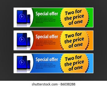 Special Offer Banner Set Vector Colored 5: Blue, Red, Green. Showing Products Purchase Button Pad