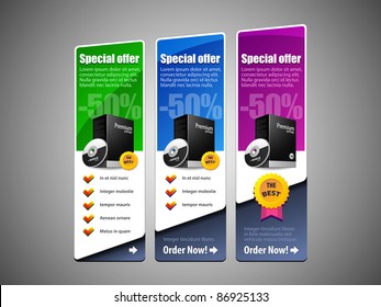 Special Offer Banner Set Vector Colored 8: Blue, Purple, Violet, Green. Showing Products Purchase Button